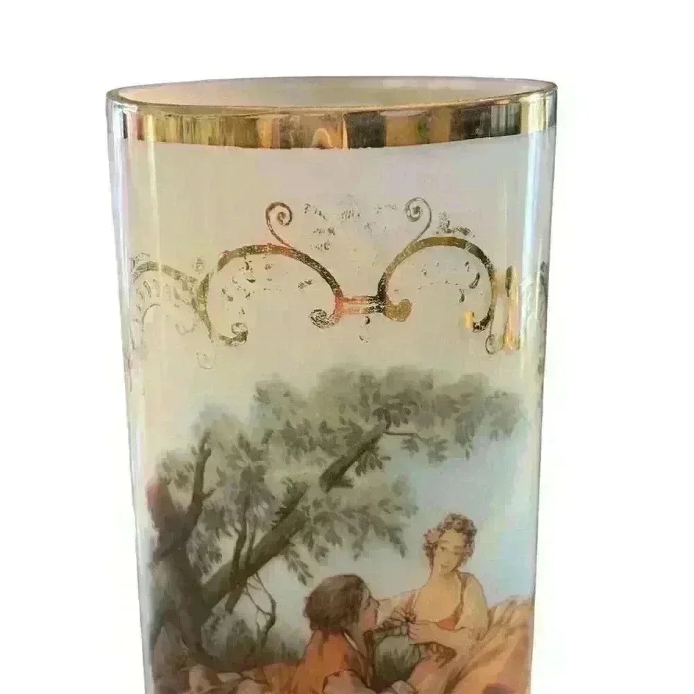 Vintage Painted milk glass Vase with Gold Trim Victorian scene